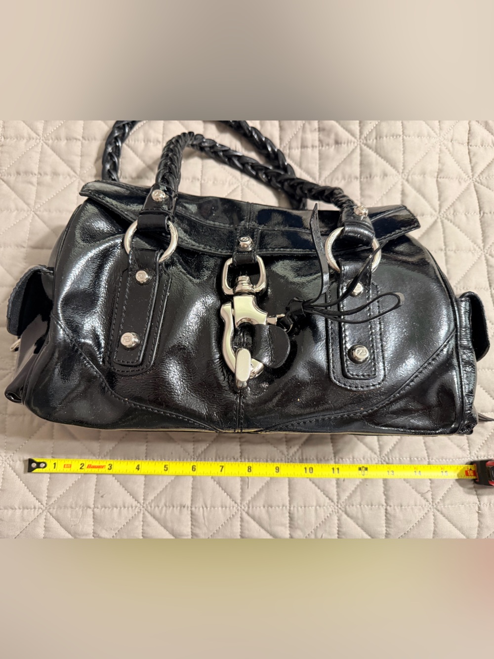 Francesco Biasia Black Patent Leather Braided-Handle Satchel - Picture 10 of 16